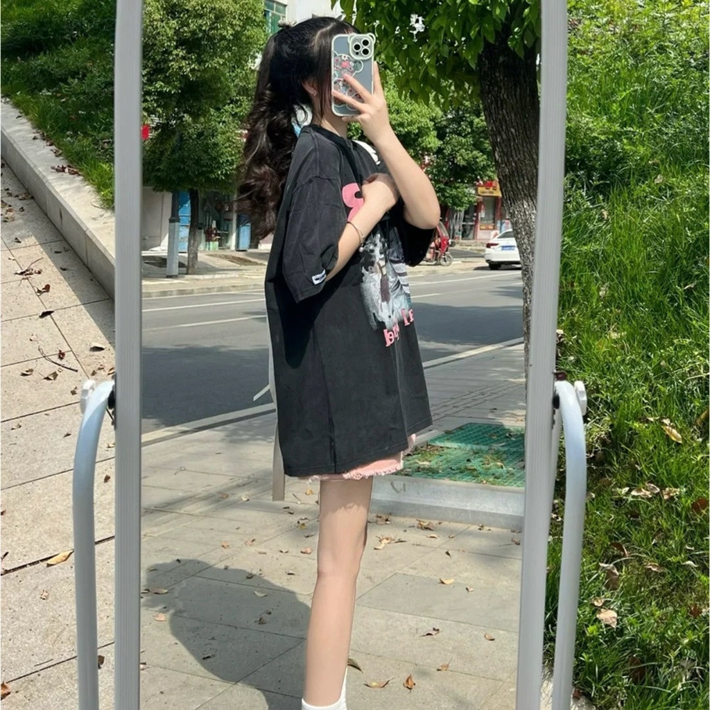 Jiashucheng Áo Thun Nữ Ngắn Tay Dáng Rộng Phong Cách Retro