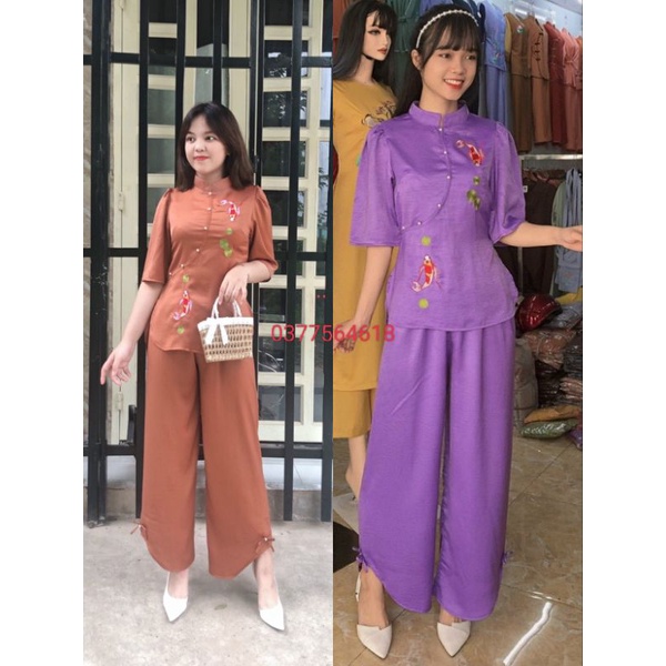 Bộ nữ đi chùa thêu cá ngọc vải lụa cao cấp