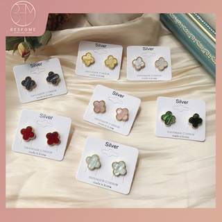 BESFOME mạ vàng 18k thời trang cổ điển s925 bạc bốn lá bông tai hoa tai trang sức đinh tán cho phụ nữ