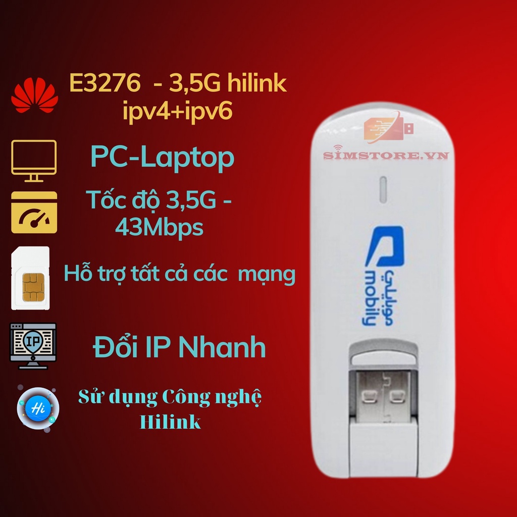 Usb dcom 3G/4G Huawei E3276 CÓ IPV6 DÙNG ĐA MẠNG VÀ ĐỔI IP, Dcom ipv6 - Simstore