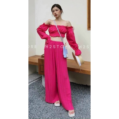 SET BỘ ÁO TD TRỄ VAI - QUẦN ỐNG RỘNG CHẤT LỤA DẬP LY- KÈM HÌNH THẬT