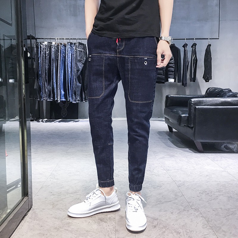 Thời Trang Quần Jeans Form Rộng Lưng Thun Cột Dây Cho Nam