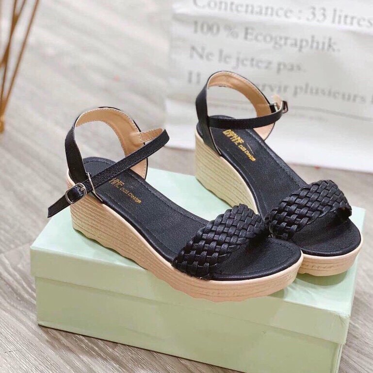 Giày sandal nữ gót cao 5p Bánh Bèo, giày đế xuồng xốp chống trơn trượt nữ hỡ mũi phối dây thời trang màu nâu và đen