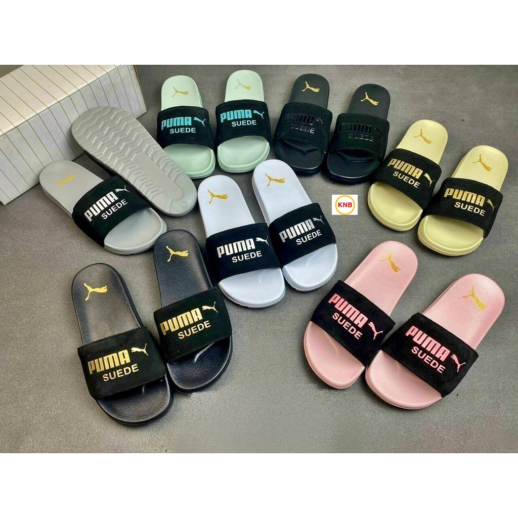 Dép 𝐏𝐔𝐌𝐀 ❤️FREESHIP + Hộp❤️ dép unisex 𝐌𝐋𝐁 quai ngang bóng chày thể thao nam nữ in PUMA da lộn, đế IP bền trắng đen