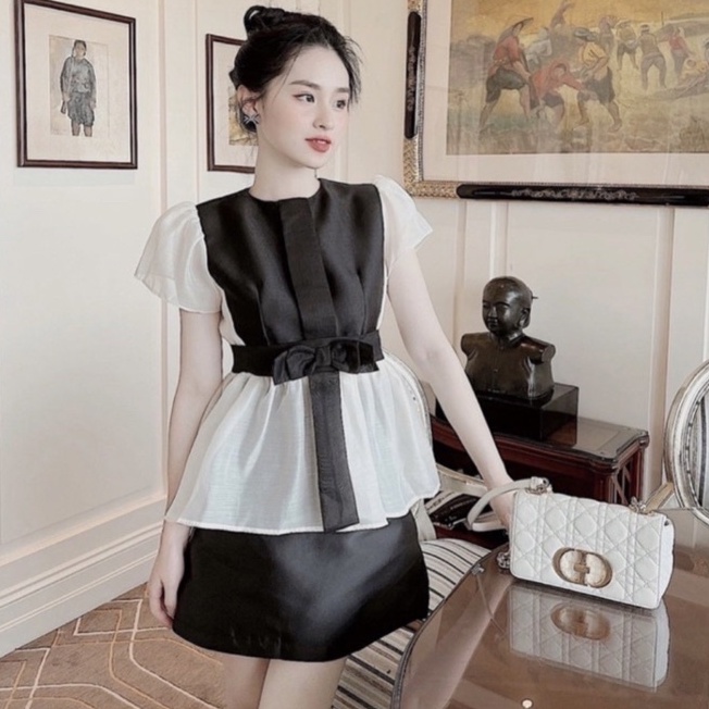 Áo lụa tacta kiểu peplum phối tơ tay ngắn Bigsize