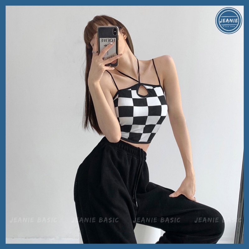 Áo croptop caro nữ cổ yếm JEANIE áo 2 dây ôm body có sẵn đệm mút tiện lợi