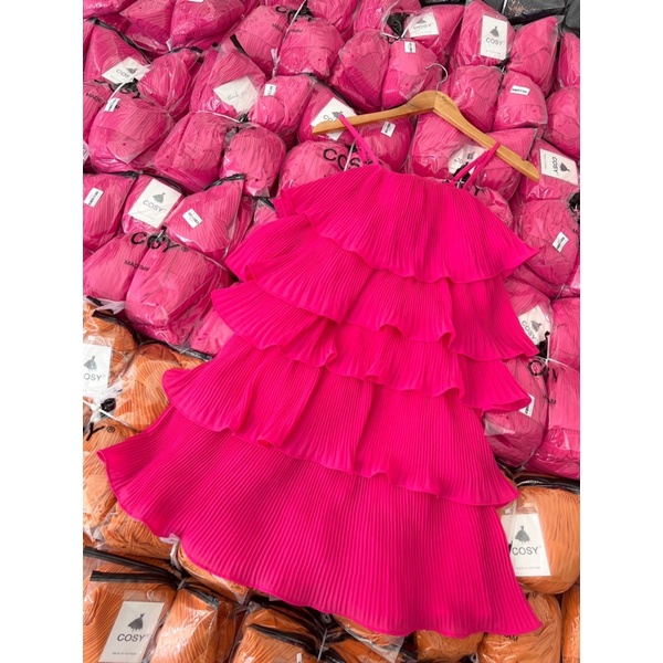 Váy maxi hai dây dập li bèo tầng 4 màu