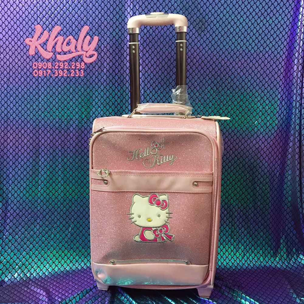 👑Vali kéo du lịch trẻ em 20'' hình mèo Hello Kitty nhũ kim tuyến màu hồng siêu đáng yêu (dính chút lỗi nhẹ nên SALE)