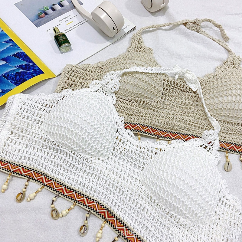 Brroa Áo Ngực Bikini Đan Móc Rỗng Họa Tiết Sọc Vỏ Sò Đính Hạt Phối Tua Rua Phong Cách Boho Dành Cho Bạn
