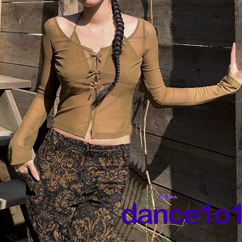 ◑If❀Áo Croptop Tay Dài Màu Sắc Thiết Kế Xuyên Thấu Quyến Rũ