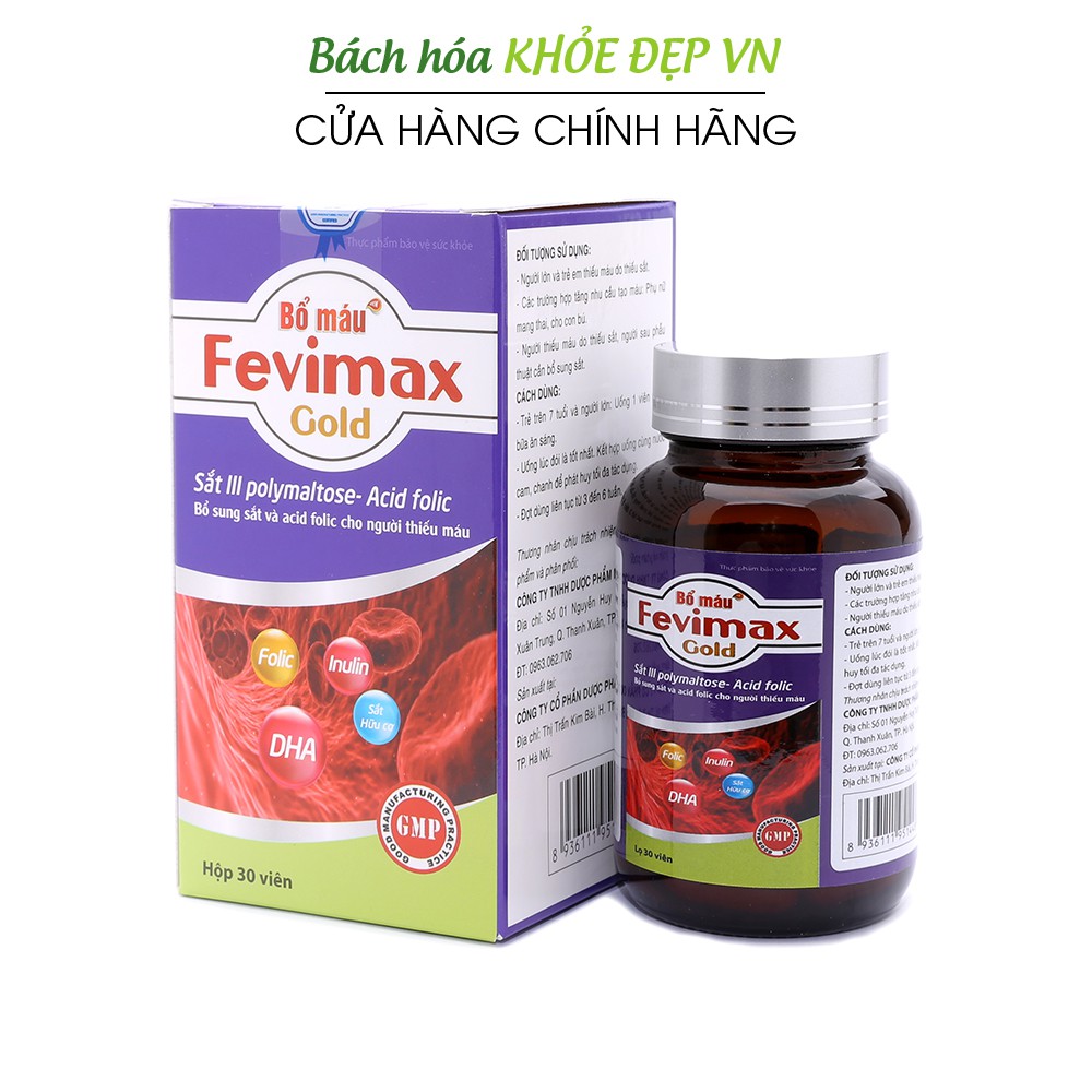 Bổ máu Fevimax bổ sung Sắt, Acid Folic cho người thiếu máu - Chai 30 viên [Bổ máu Fevimax Chai 30v]