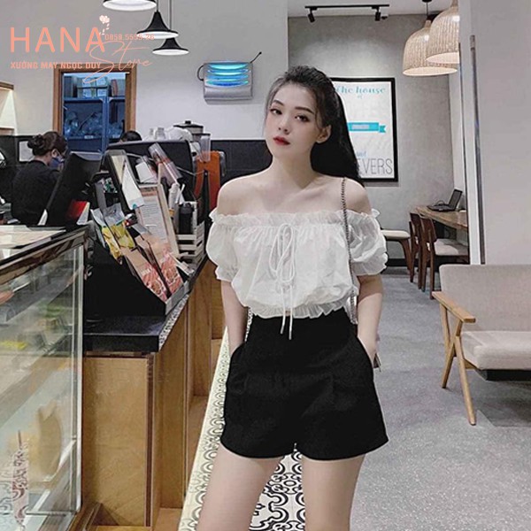 Quần short có túi khóa khuy cài đai thắt lưng ôm đùi mông màu Đen - Cạp lưng eo cao - Vải dày mềm - Quần sooc đen nữ mặc