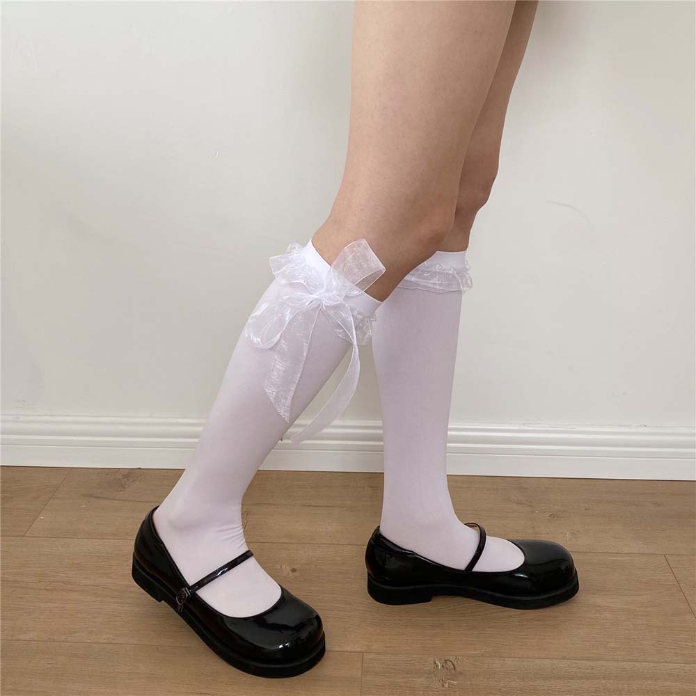 Vớ cổ trung phối ruy băng nylon mềm mại thoáng khí thời trang cho nữ