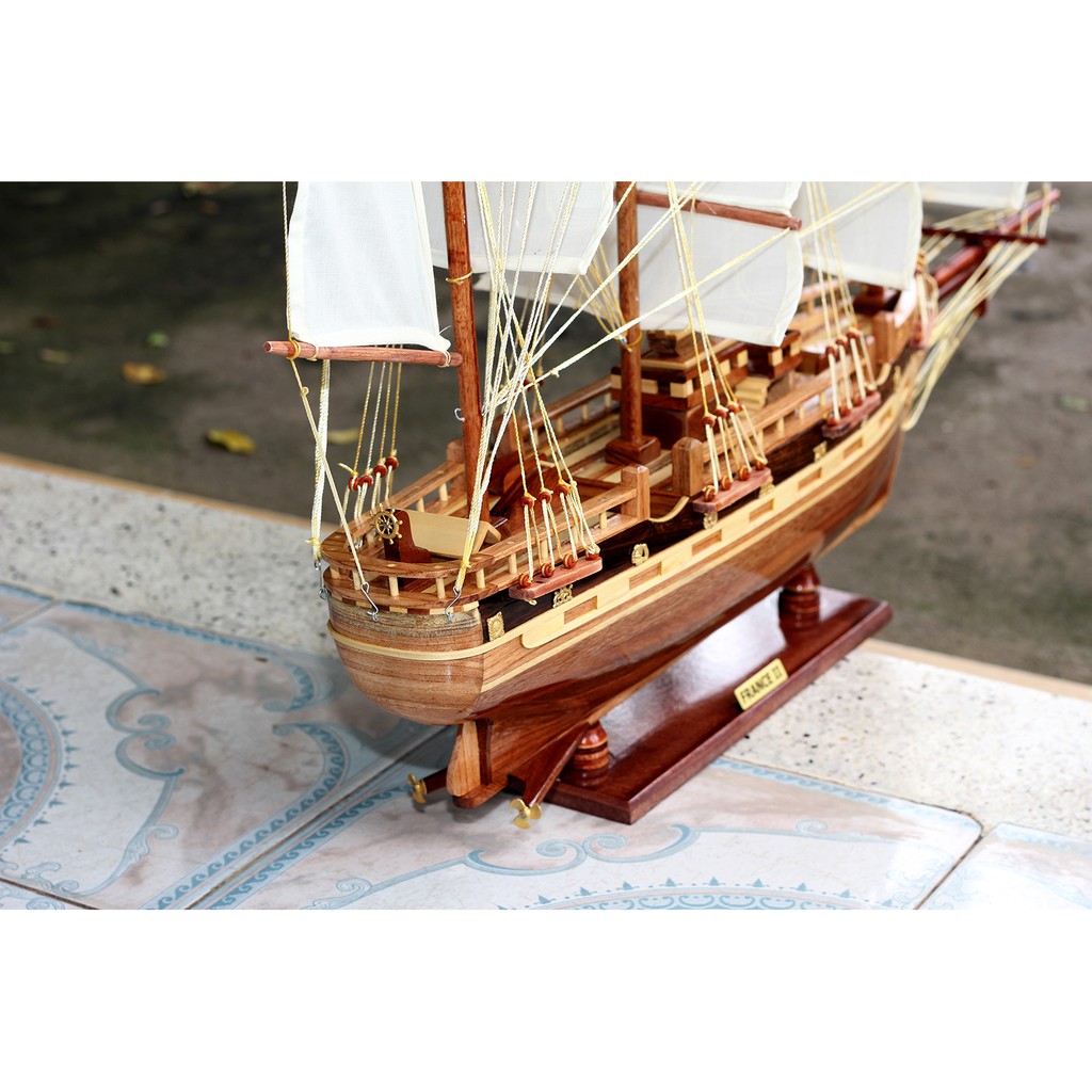 Thuyền gỗ phong thủy France II dài 80cm gỗ tự nhiên, mô hình thuyền buồm trang trí, quà tặng khách hàng