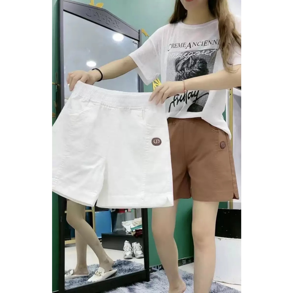 Quần đùi nữ túi ngang chất KAKI cạp chun phong cách hàn quốc  mác da loại 1