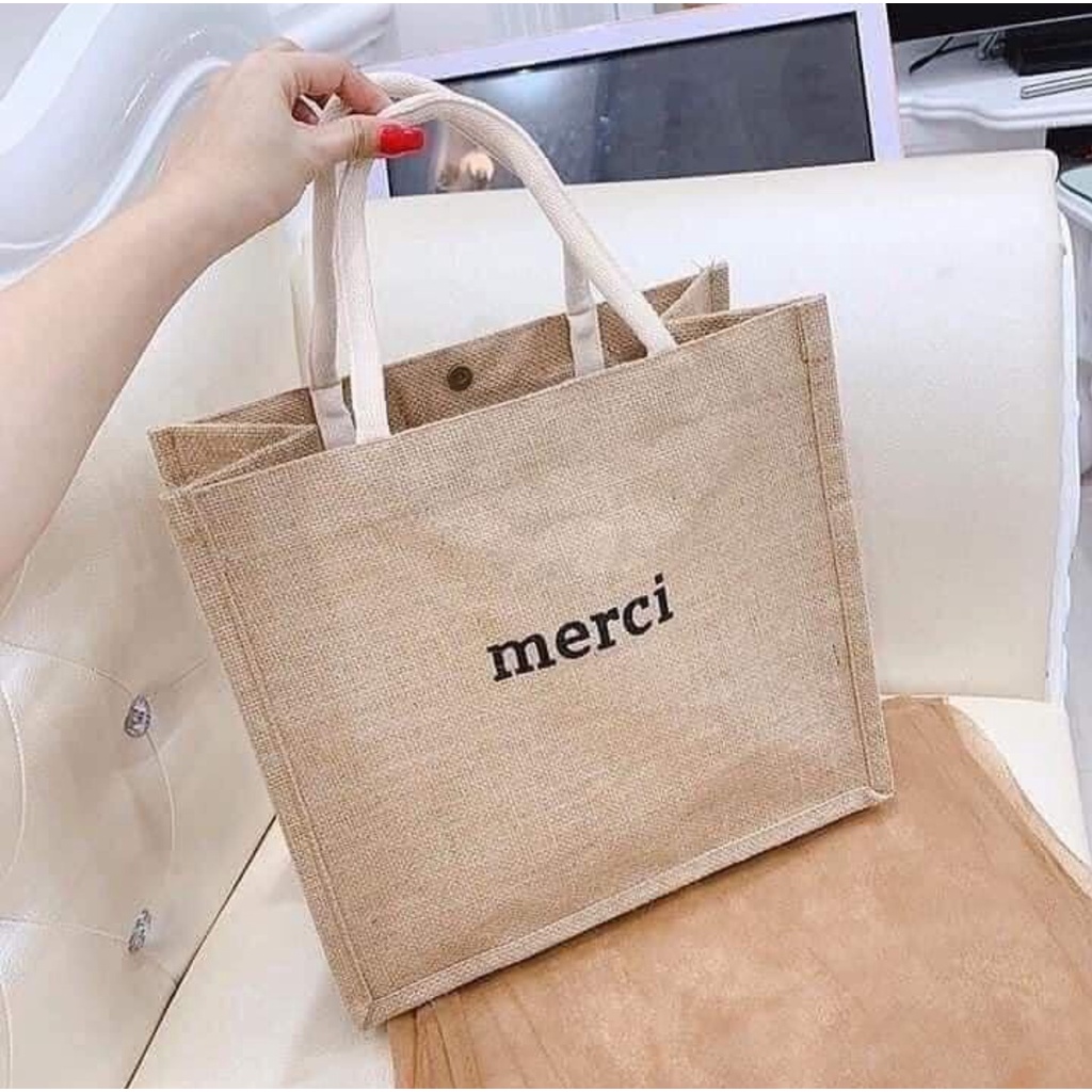 [Mã HERB88 giảm 8% đơn 99K] Túi cói vintage đi biển Merci xách tay nữ unisex size lớn vải cói cao cấp Hàn Quốc giá rẻ