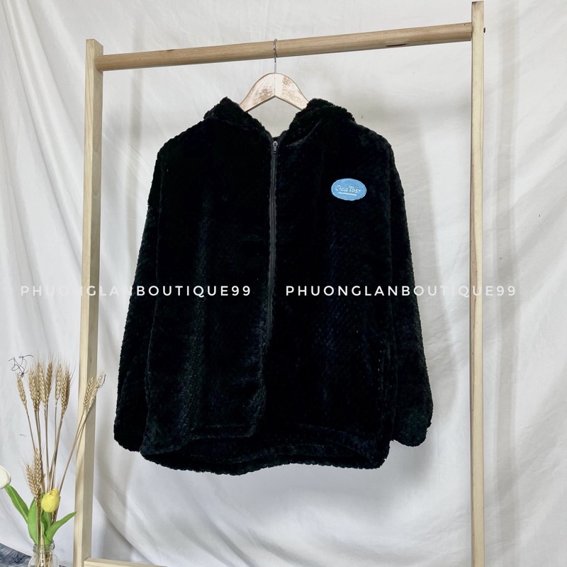 Hoodie zip PHULA Áo lông hoodie đen thêu logo ngực