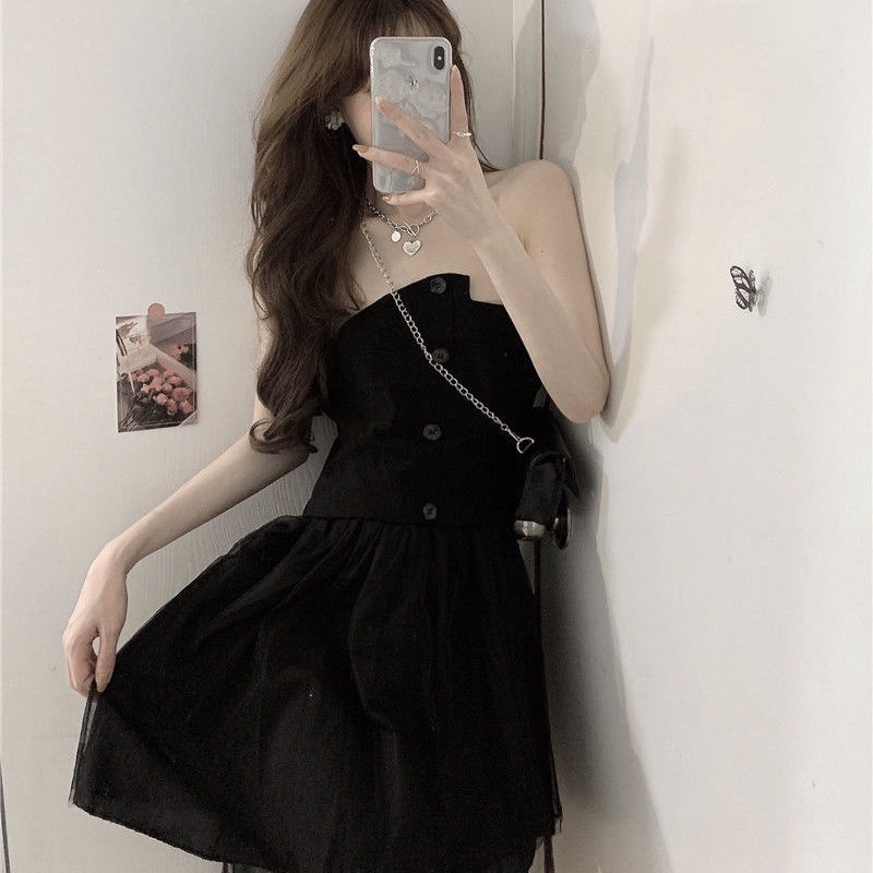 Đầm Ống Phối Lưới Giả Hai Lớp Phong Cách Hepburn Thời Trang Mùa Hè 2022