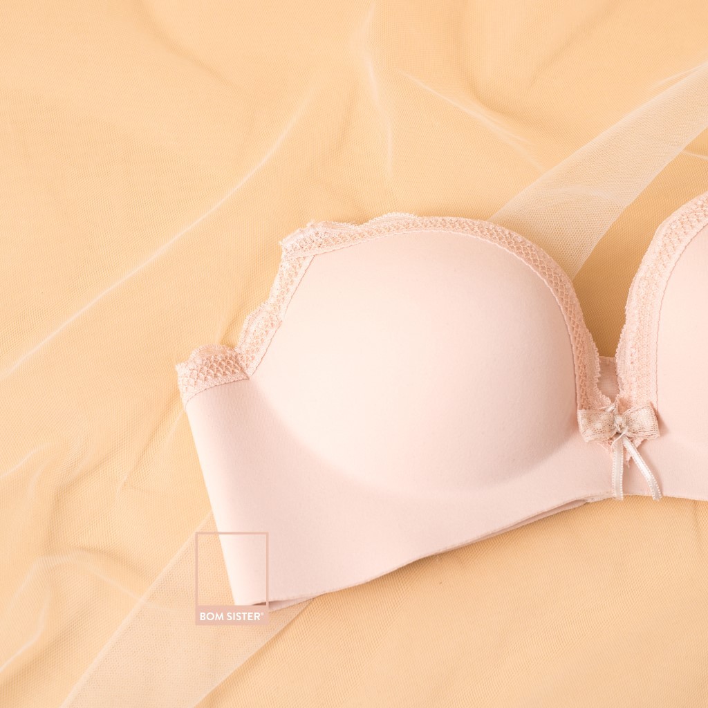 Áo lót mút vừa su đúc viền ren không gọng màu trơn đính nơ nâng ngực tự nhiên BOM SISTER A6442 | BigBuy360 - bigbuy360.vn
