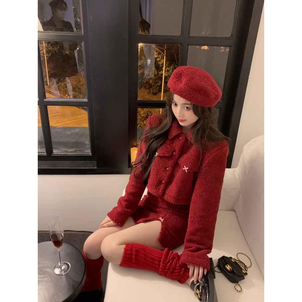 Set áo khoác croptop len lông đỏ tay dài sơ mi noel tết thu đông dày ấm cổ  hở eo + váy ôm ngắn lưng cao kèm vớ ulzzang