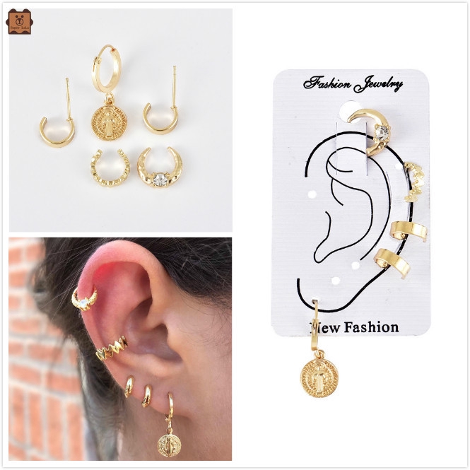 Set 5 khuyên tai màu vàng dạng tròn độc đáo cá tính cho nữ