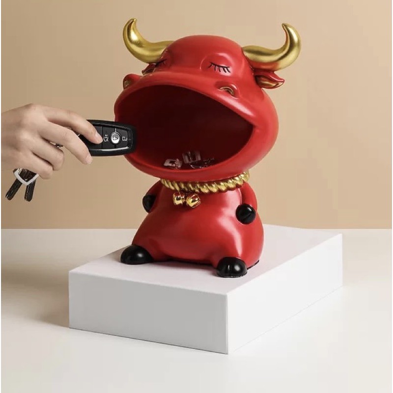 Tượng decor phòng khách, kệ đựng đồ dùng decor nhà cửa trâu sừng vàng 2021