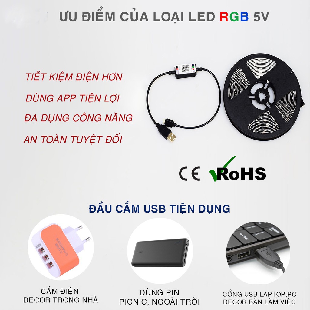 Đèn dây led RGB 16 triệu màu 3M 5M điều khiển bằng điện thoại, nháy theo nhạc, trang trí decor phòng