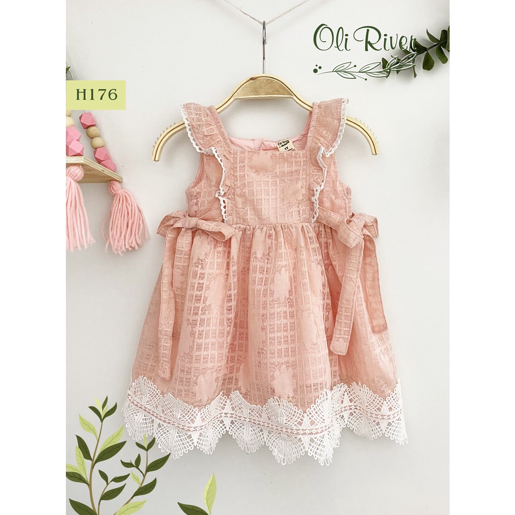 Váy bé gái cổ vuông dáng xòe phối ren siêu thiểu thư
