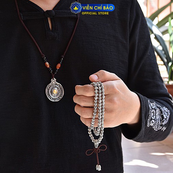 Vòng tay chuỗi 108 hạt khắc kinh lục tự Om Mani Padme Hum chất liệu bạc Thái 925 thương hiệu Viễn Chí Bảo L100218