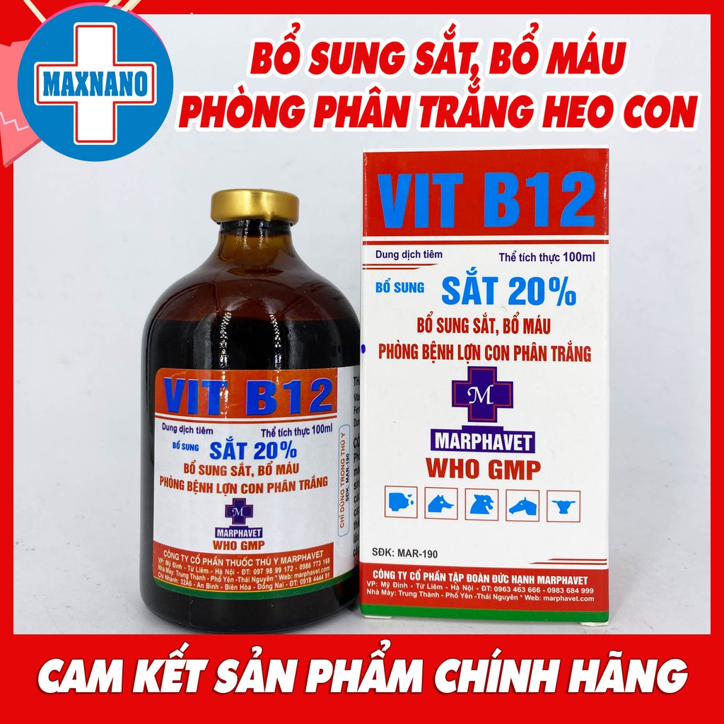 Hộp SẮT 20% VIT B12 100ml Phòng thiếu máu do thiếu sắt, nâng cao sức đề kháng ở vật nuôi, heo con, heo nái