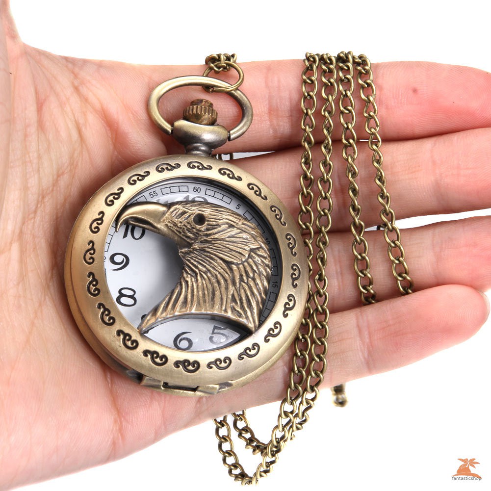 #Đồng hồ bỏ túi# Men Women Quartz Pocket Watch Hollow Eagle Head Carved Case with Chain