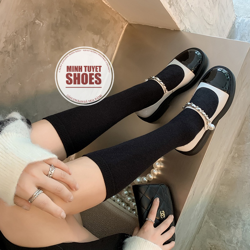Giày nữ minhtuyetshoes đế bằng cao 2cm phối màu đen trắng kem mẫu mới phong cách tiểu thư