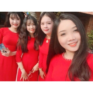 Áo dài đỏ lụa Nhật cổ tròn kèm quần