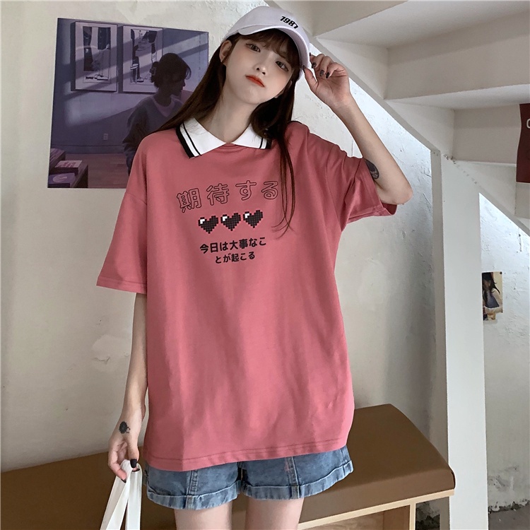 Women Korean Short Sleeve Printed Cotton Polo T-Shirts