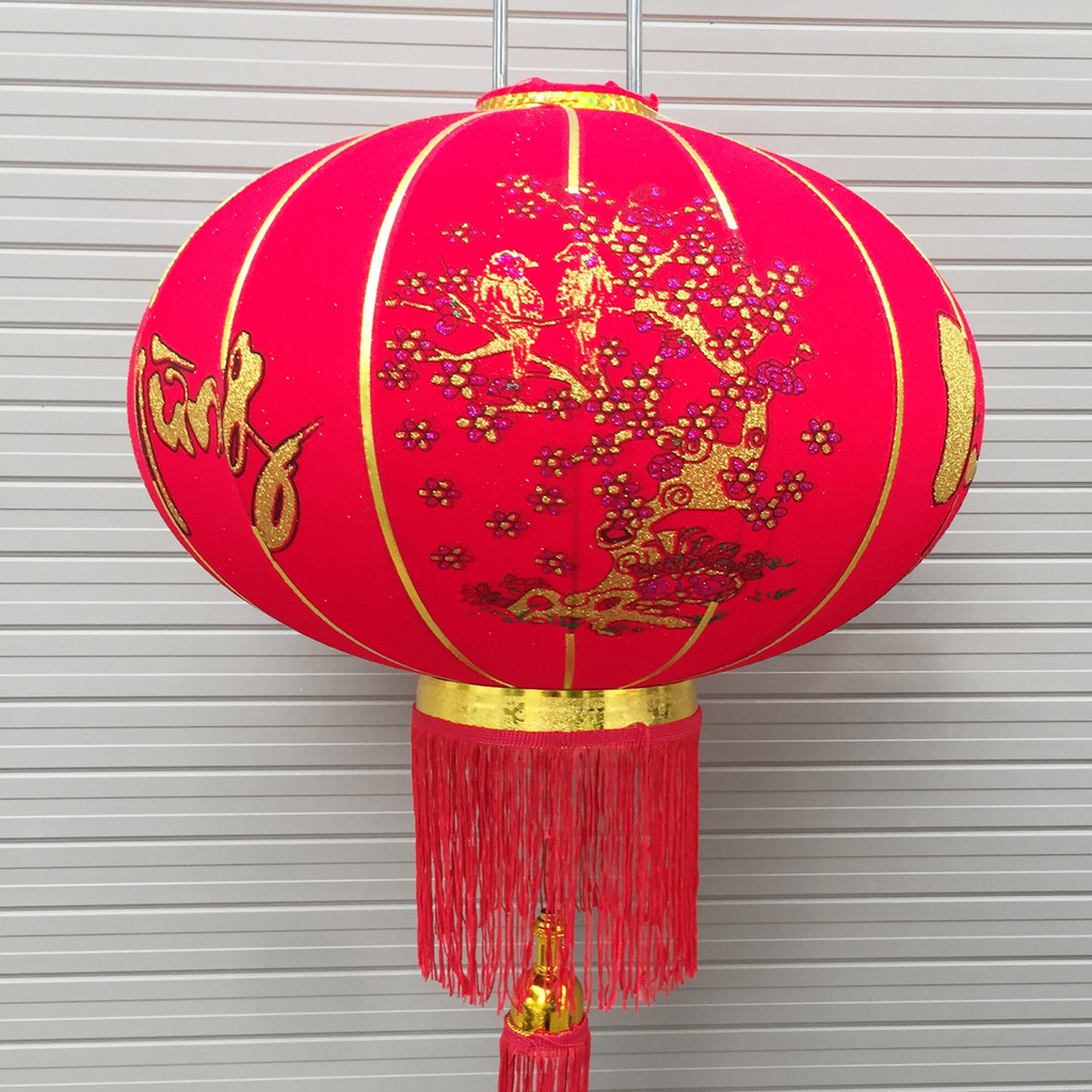 Đèn lồng nhung đỏ hoa mai đào đường kính 40cm, 60cm Chúc Mừng Năm Mới trang trí Tết