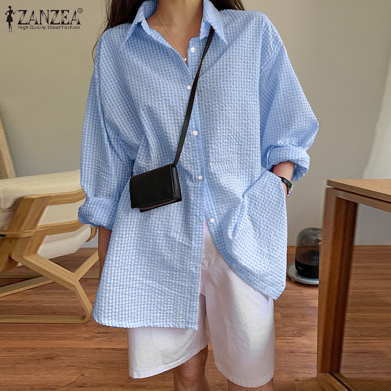 Áo kiểu ZANZEA tay dài cổ bẻ phối nút cài họa tiết caro phong cách đường phố thời trang cho nữ