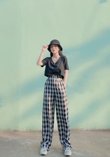 Quần Kẻ Rộng Cúc (Quần Caro Ống Rộng)