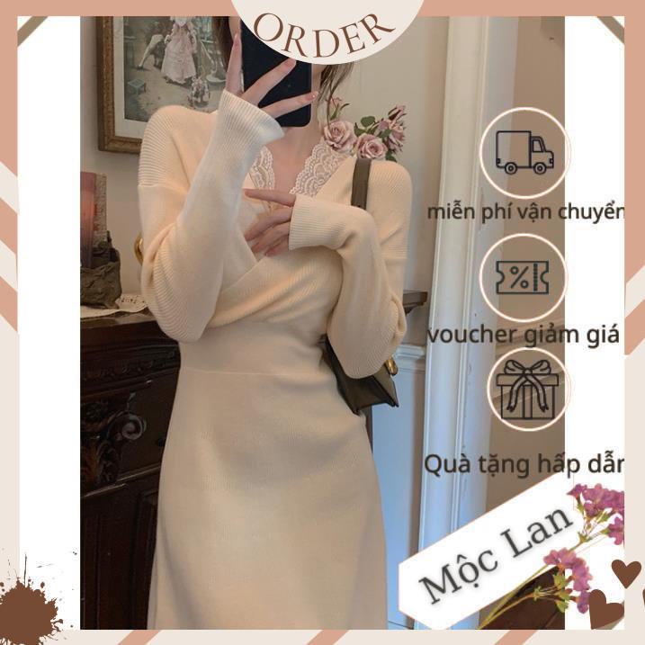 (MộcLan ORDER) Váy len midi cổ V pha ren phong cách Hàn Quốc thu đông -hàng chuẩn không phai hàng xưởng may lại | BigBuy360 - bigbuy360.vn