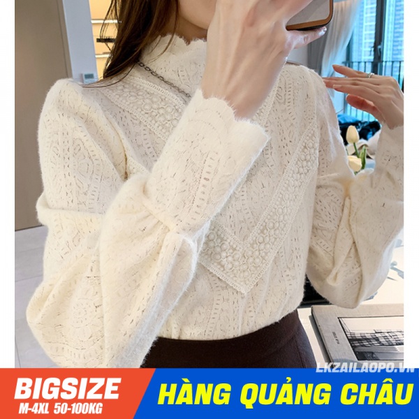 Áo Sơ Mi nữ Bigsize Áo kiểu nữ Tay Dài Cổ Cao Viền Ren mùa xuân Phong cách Hàn Quốc Thời Trang cá tính xinh đẹp cho người mập béo 45-100kg quảng châu cao cấp