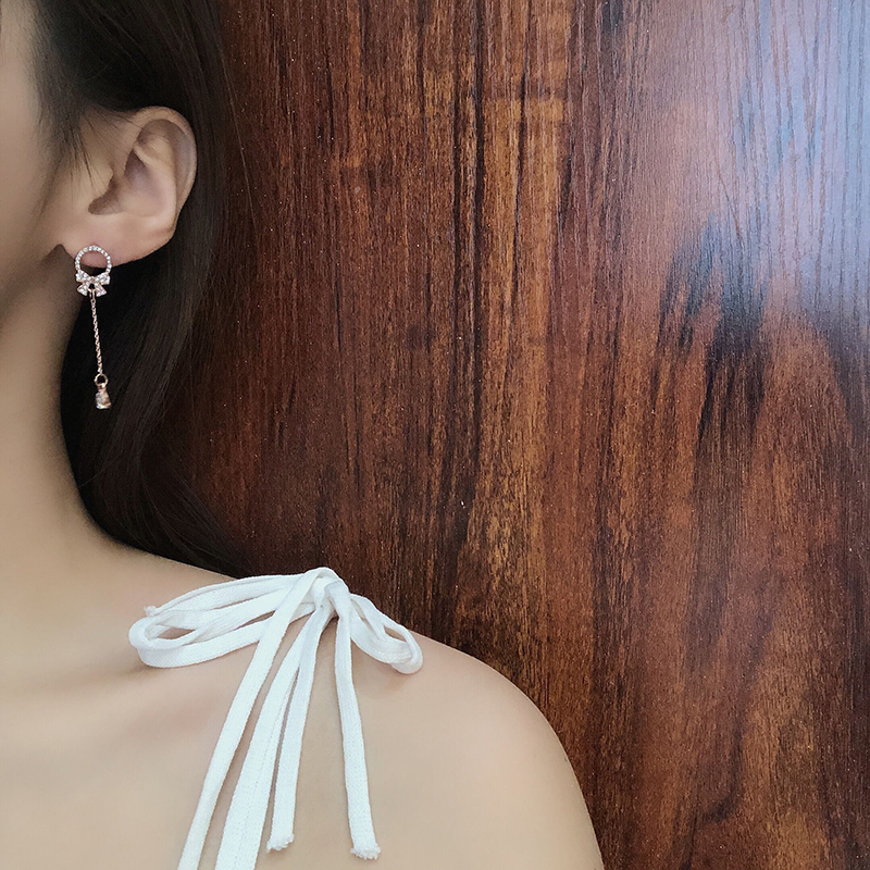 Ahellogirl Khuyên tai hình nơ dáng dài đính pha lê phong cách Hàn Quốc cho nữ