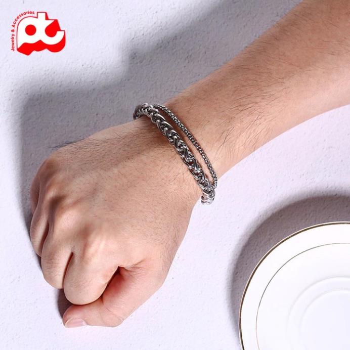 Lắc tay nam titan cao cấp rẻ đẹp sợi dừa thời trang 2 sợi cá tính thép không gỉ PT JEWELRY màu trắng PTLTNA09