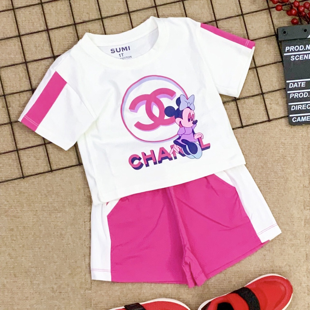 Bộ thun cotton quần short kiểu thể thao in mickey bé gái
