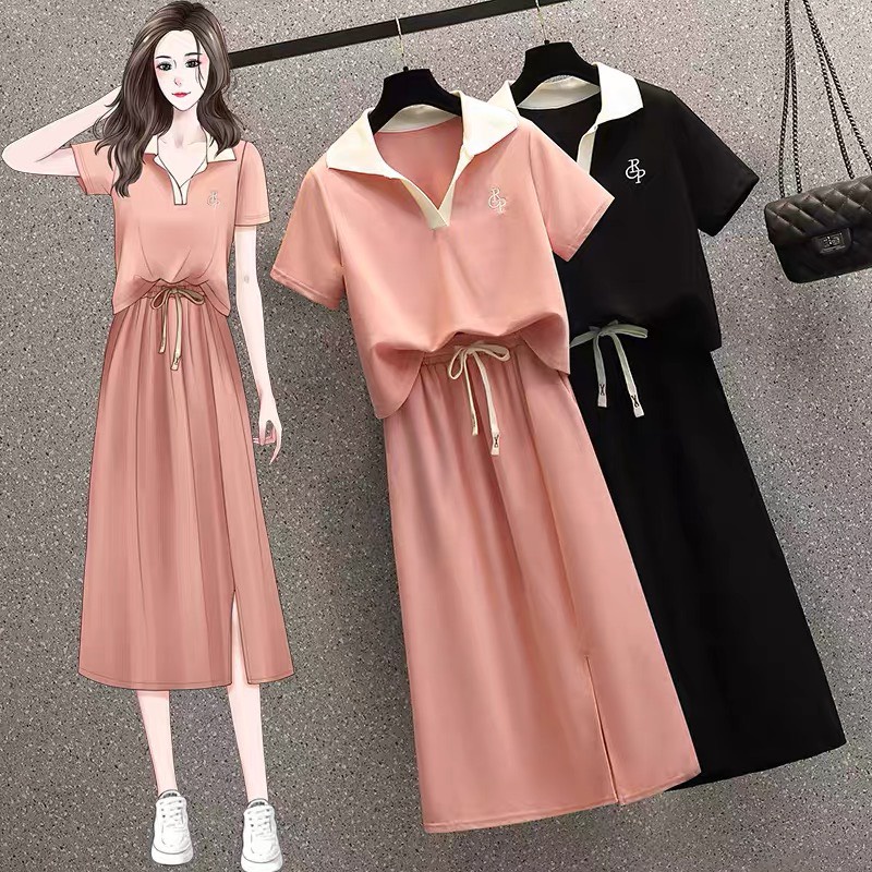 Set chân váy áo thun , chất cotton zip thêu OP , Đồ bộ nữ chân váy