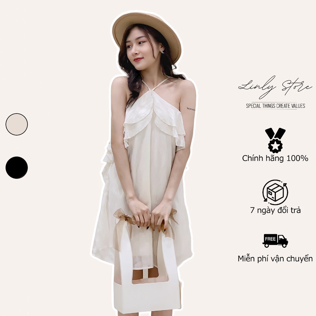Váy yếm nữ hai dây dáng xòe Linly Store chất tơ họa tiết V-VHD2