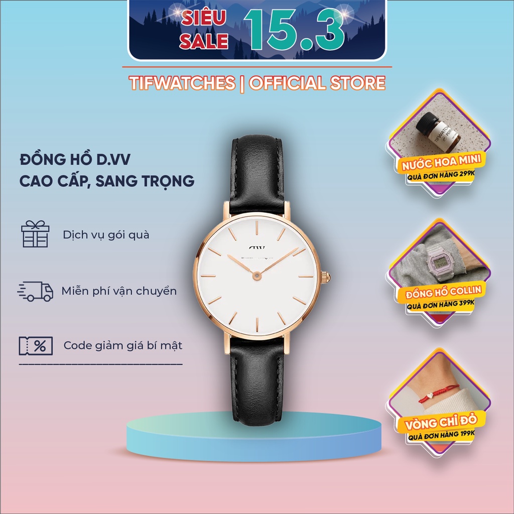 Đồng hồ nữ dây da bò thật D.VV PETlTE da đen mặt trắng đồng hồ nữ đẹp cao cấp thon gọn Watchesbytif size 28mm & 32mm