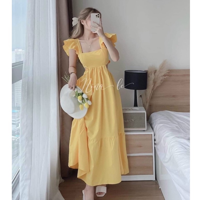 Đầm váy nữ maxi thiết kế bệt vai khoét eo váy xòe phối 5 màu sắc nhã nhặn sang chảnh hời trang nữ STCLOTHING