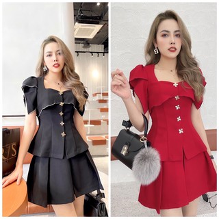 Set combo áo kiểu đính cúc vàng kết hợp chân váy xoè