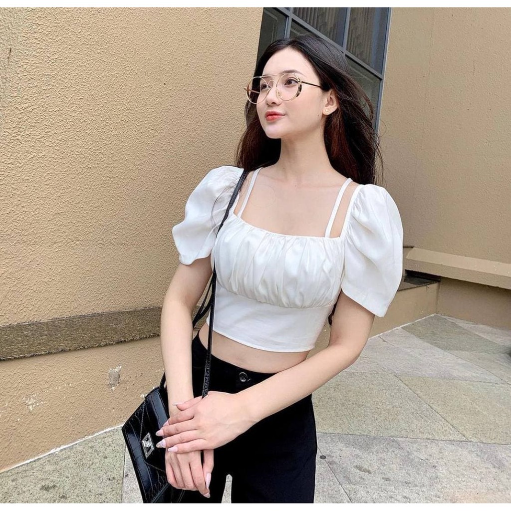 Áo Croptop Dây Đan Chéo Lưng Có Tay YUMMY (TRẮNG)