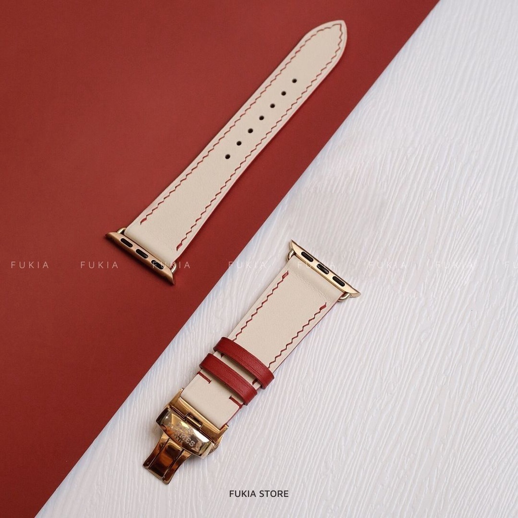 Dây da thủ công Swift Trắng Mix Chỉ Đỏ dành cho Apple Watch, đồng hồ thông minh, đồng hồ cơ DDTC214