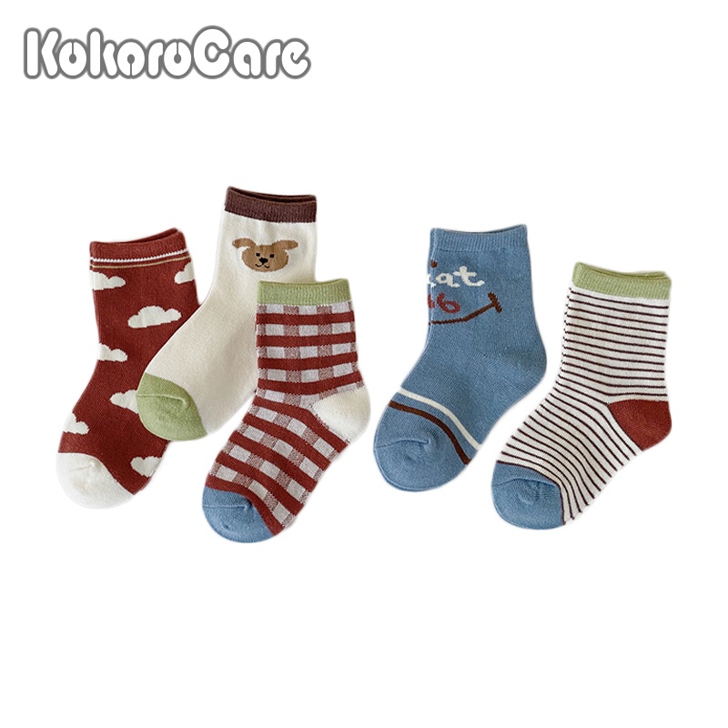 Bộ 5 đôi tất KokoroCare MS-15 in hình mặt cười hoạt hình bằng cotton chải kỹ M/L/XL cho trẻ 3-12 tuổi